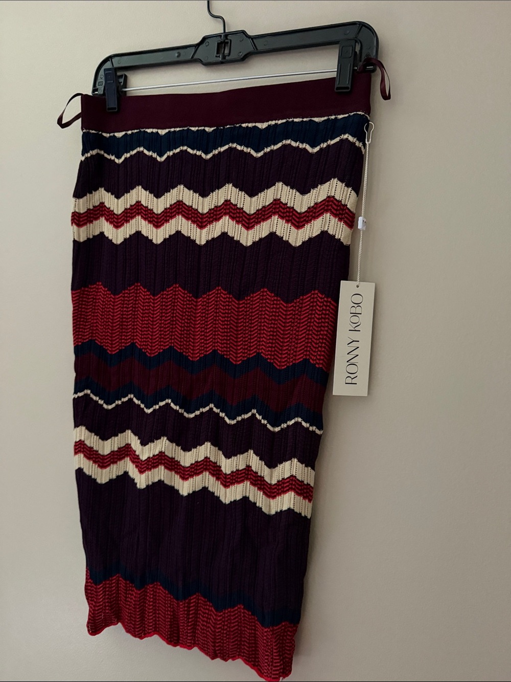 Ronny Kobo Collection Zigzag Knit Midi Skirt - Burgundy, Navy, Cream, Red